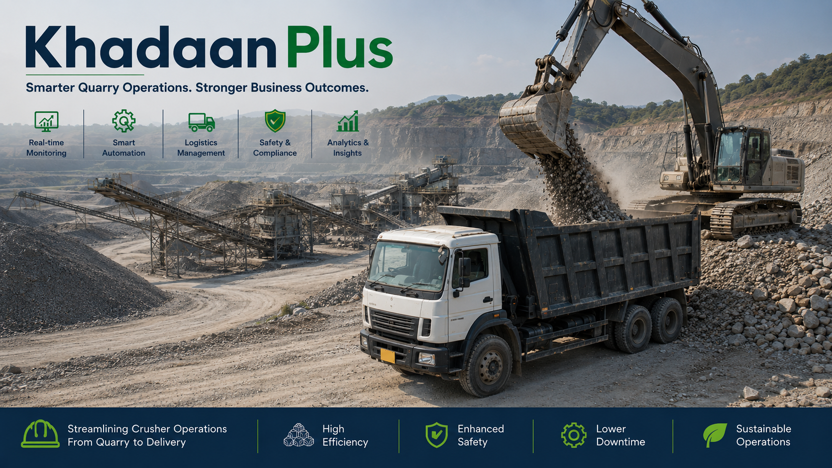 Khadaan Plus quarry operations platform with excavator, crusher plant and fleet